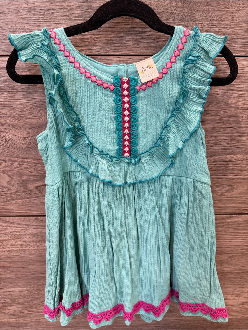 Wildflowers Girls Aqua Ruffled Tank with Pink Trim